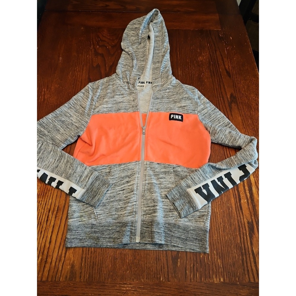Victoria Secret 'Pink' Full Zip Hooded Pull Over Womens XS‎ Gray/Pink (A427)